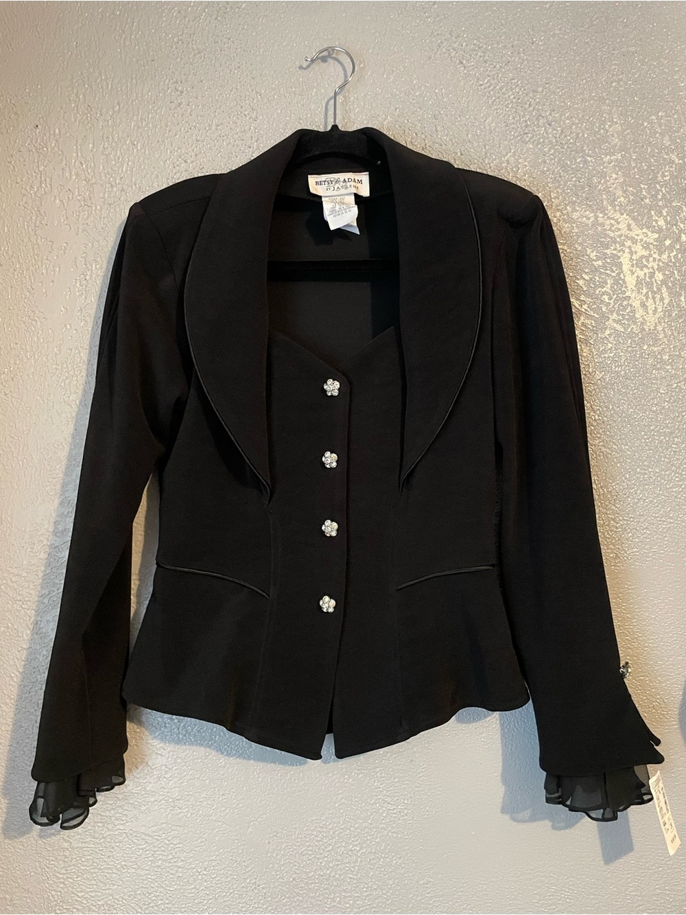Betsy & Adam Black Tailored Jacket with Floral Crystal Buttons
